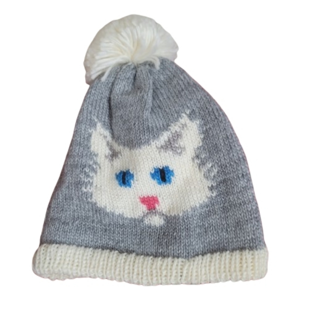 COAL HEAD WEAR gray knitted beanie white cat face with bright blue Kids